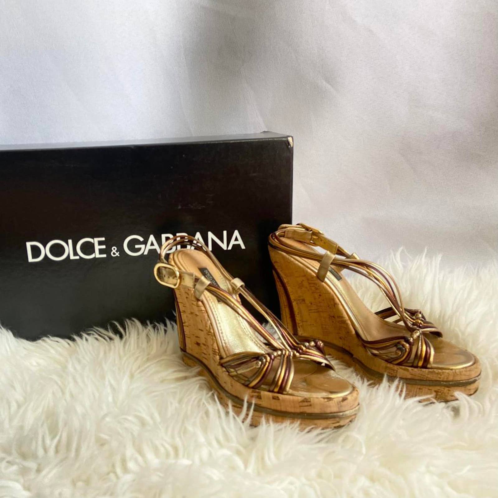 Amazing Y2k Dolce Gabbana Tropical Cork Wedges With Golden Accents Size 35